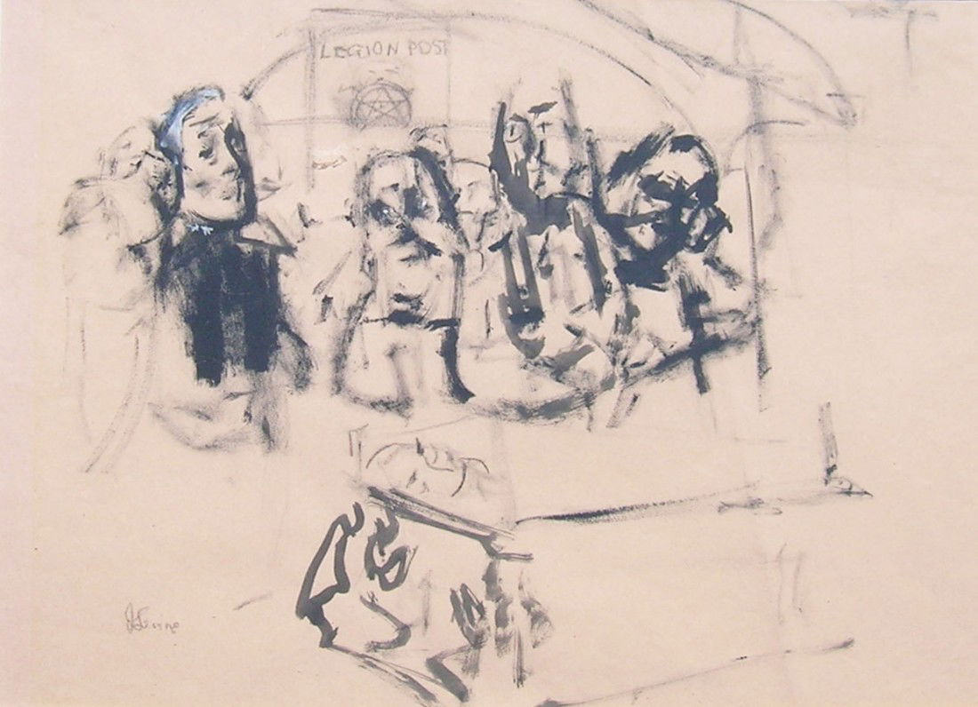 Jack Levine (1915-2010): Title: Passing Comrade c.1940 Medium: ink on paper Size: 18 x 21 Signed: signed lower left