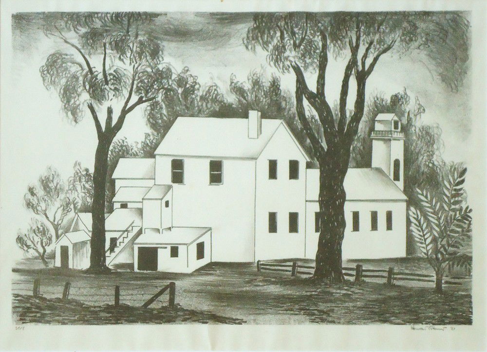 Konrad Cramer (1889 – 1984): Title: Firehouse Date: c. 1930 Medium: Lithograph 35/8 Size: 9 ¾ x 14 Signature: SLR All lots are framed unless otherwise indicated.