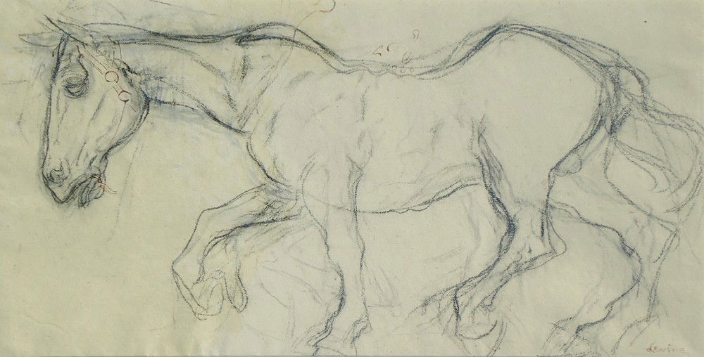 Jack Levine (1915 – 2010): Title: Horse Study Date: c. 1940 Medium: Charcoal and watercolor on paper Size: 17 3/8 x 30in. Signature: SLR All lots are framed unless otherwise indicated.