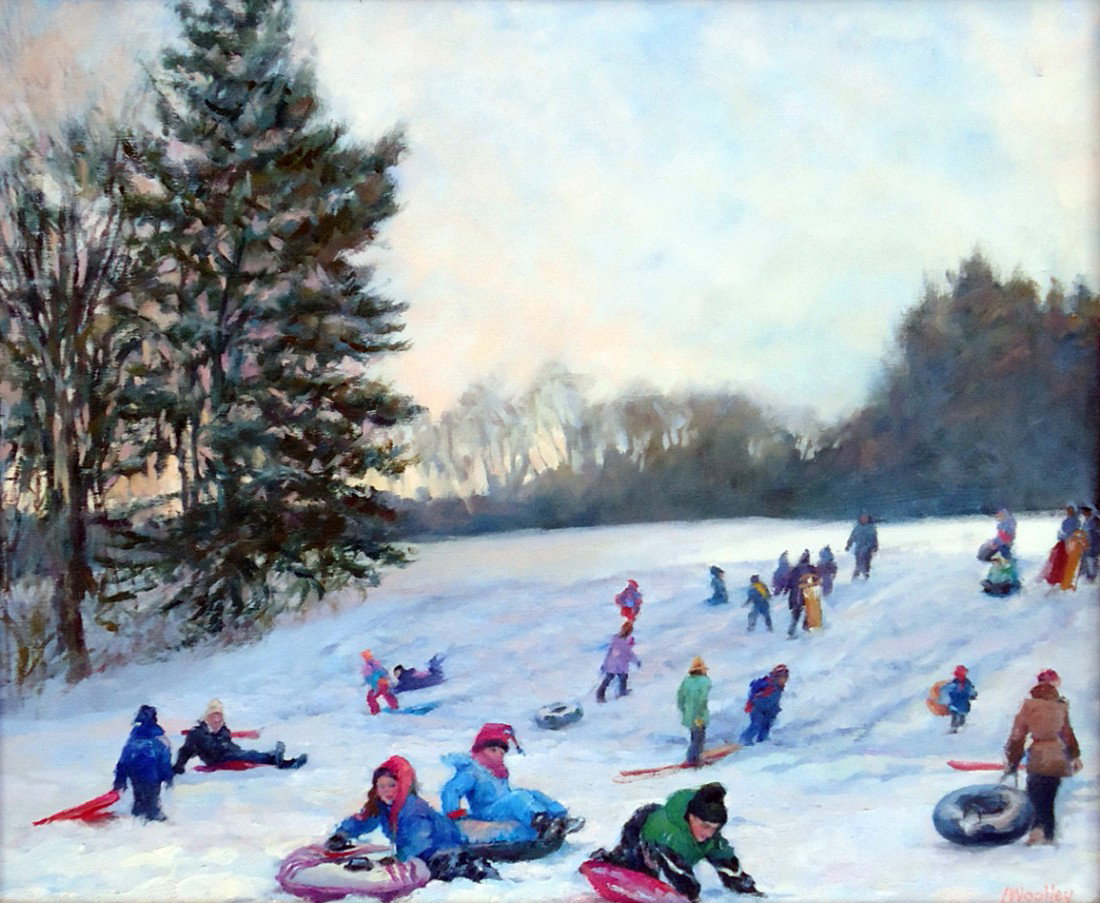 Lois Wooley: Title: Sled Hill Date: n/d Medium: Oil on canvas Size: 20x24 Signature: SLR All lots are framed unless otherwise indicated.