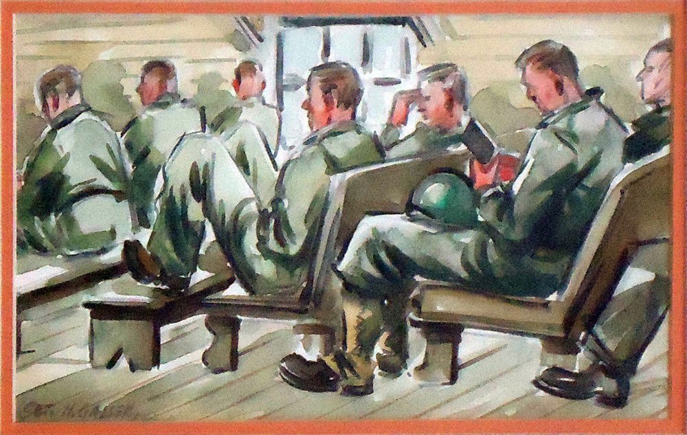 Henry Martin Gasser (1909 – 1981): Title: American G.I.'s Date: c. 1942 Medium: watercolor on paper Size: 5x7.5 Signature: SLL All lots are framed unless otherwise indicated.