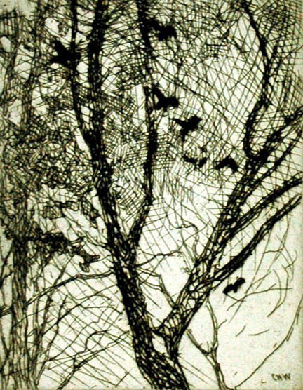 Charles Herbert Woodbury (1864 - 1940): Title: Crows Date: 1918 Medium: etching Size: 5.75x7.25 Signature: SLR All lots are framed unless otherwise indicated.