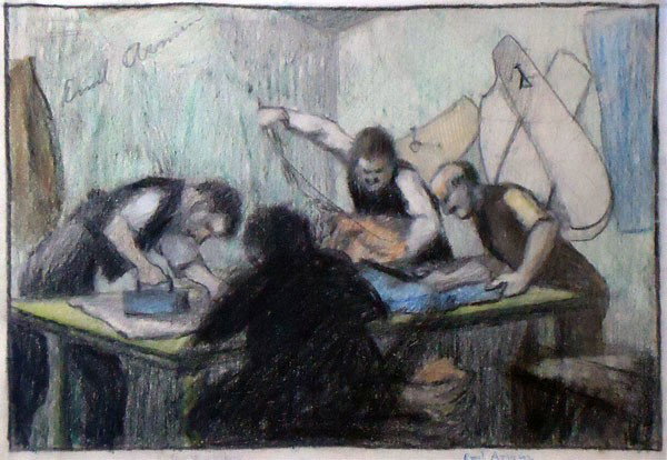 Emil Armin (1883 - 1972): Painting Title: The Workshop Medium: Mixed media on paper Size: 7x10 Signed: SLR