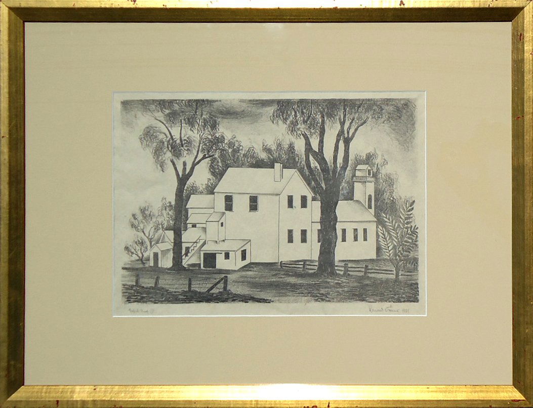 Konrad Cramer (1888 - 1963): Painting Title: Landscape with House 1930 Medium: Lithograph (Artist's Proof) Size: 10x15 Frame Size: 19x25 Signed: Signed Lower Right Provenance: Estate of Konrad Cramer