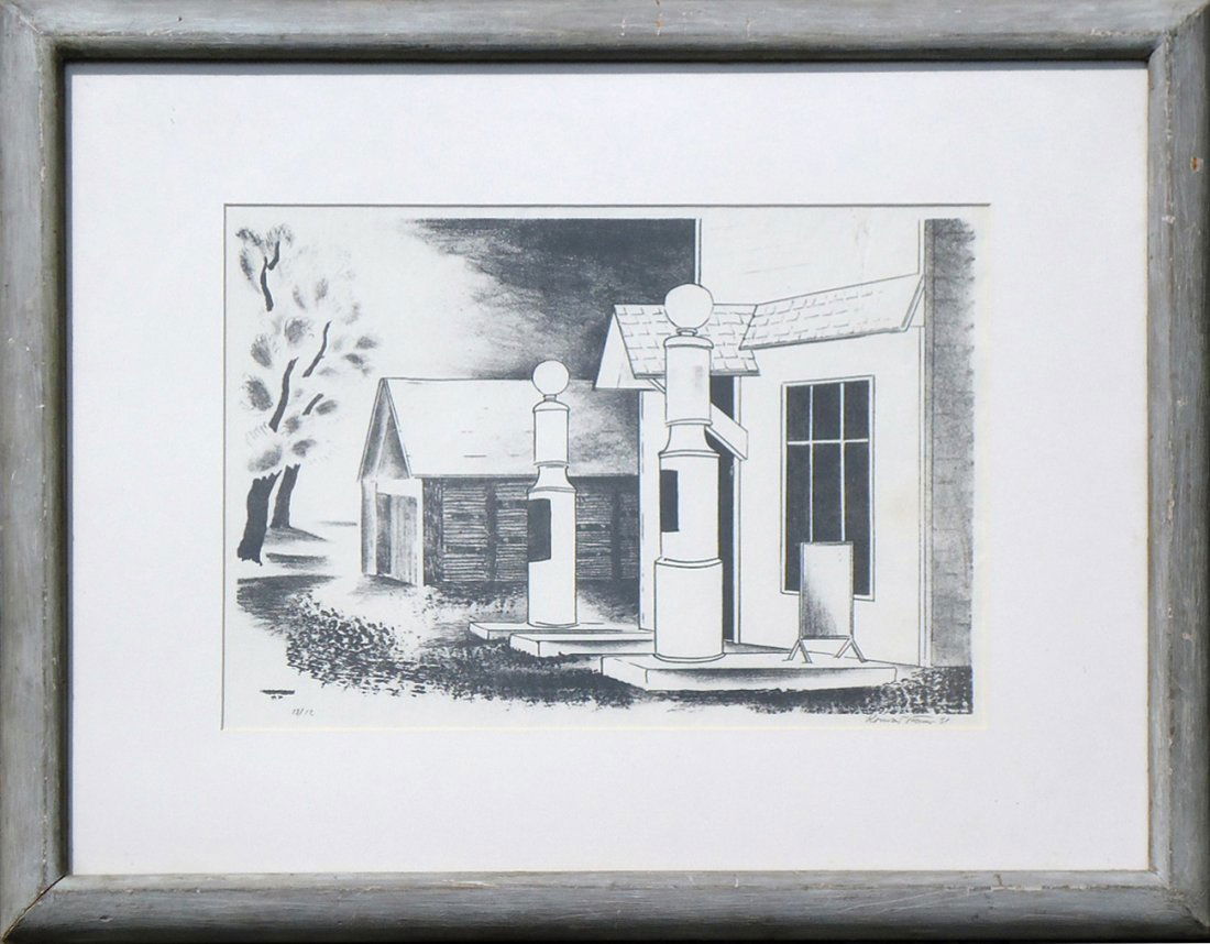Konrad Cramer (1888 - 1963): Painting Title: Gas Station 1931 Medium: Lithograph 18/12 Size: 11x16 Frame Size: 19x25 Signed: Signed and dated lower right Provenance: Estate of Konrad Cramer