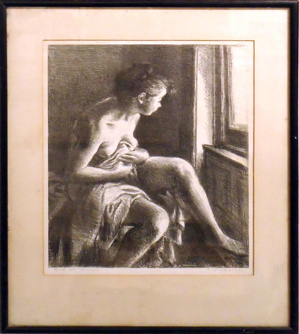 Raphael Soyer (1899 - 1987): Painting Title: Girl at Window c. 1930 Medium: Lithograph Size: 15x13 Frame Size: 23x18.5 Signed: Signed Lower Right Provenance: Private Collection