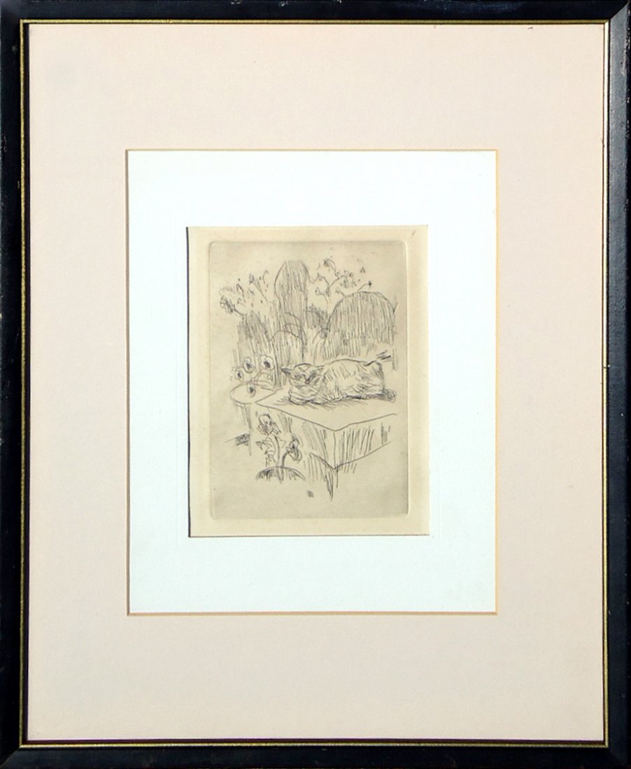 Eugene Boudin (1824 - 1898): Painting Title: Cat c. 1920 Medium: Etching Size: 6.75x4.5 Frame Size: 19x15 Provenance: Private Collection