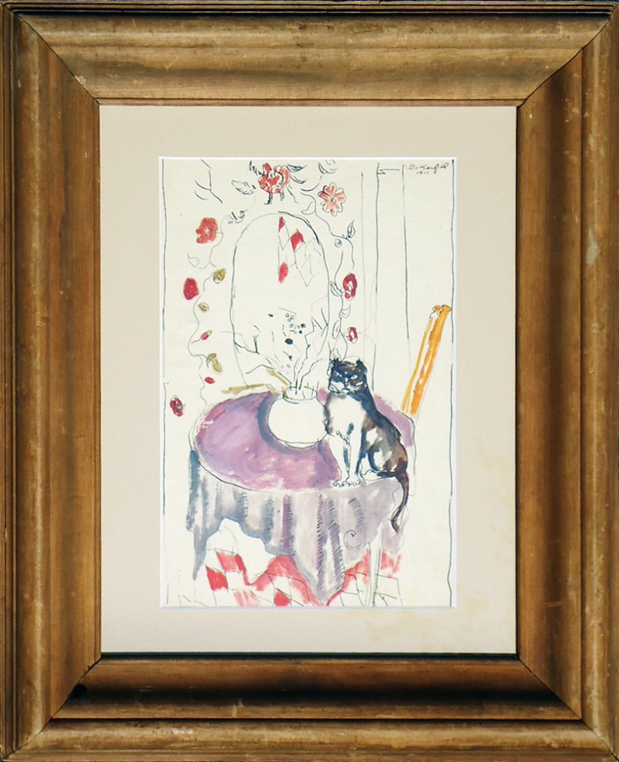 Bernard Karfiol (1886 - 1952): Painting Title: Interior with Cat 1911 Medium: Ink and watercolor Size: 13x9 Frame Size: 22.5x19 Signed: Signed and dated top right Provenance: Private Collection
