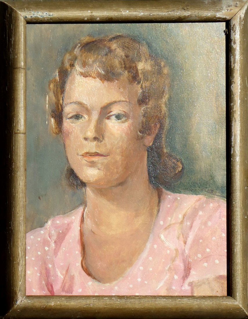 Konrad Cramer (1888 - 1963): Painting Title: Portrait of Eileen Cramer c. 1930 Medium: Oil on canvas Size: 15 1/4 x 11 3/4 in. Frame Size: 18 1/2 x 15 in. Provenance: Estate of Konrad Cramer