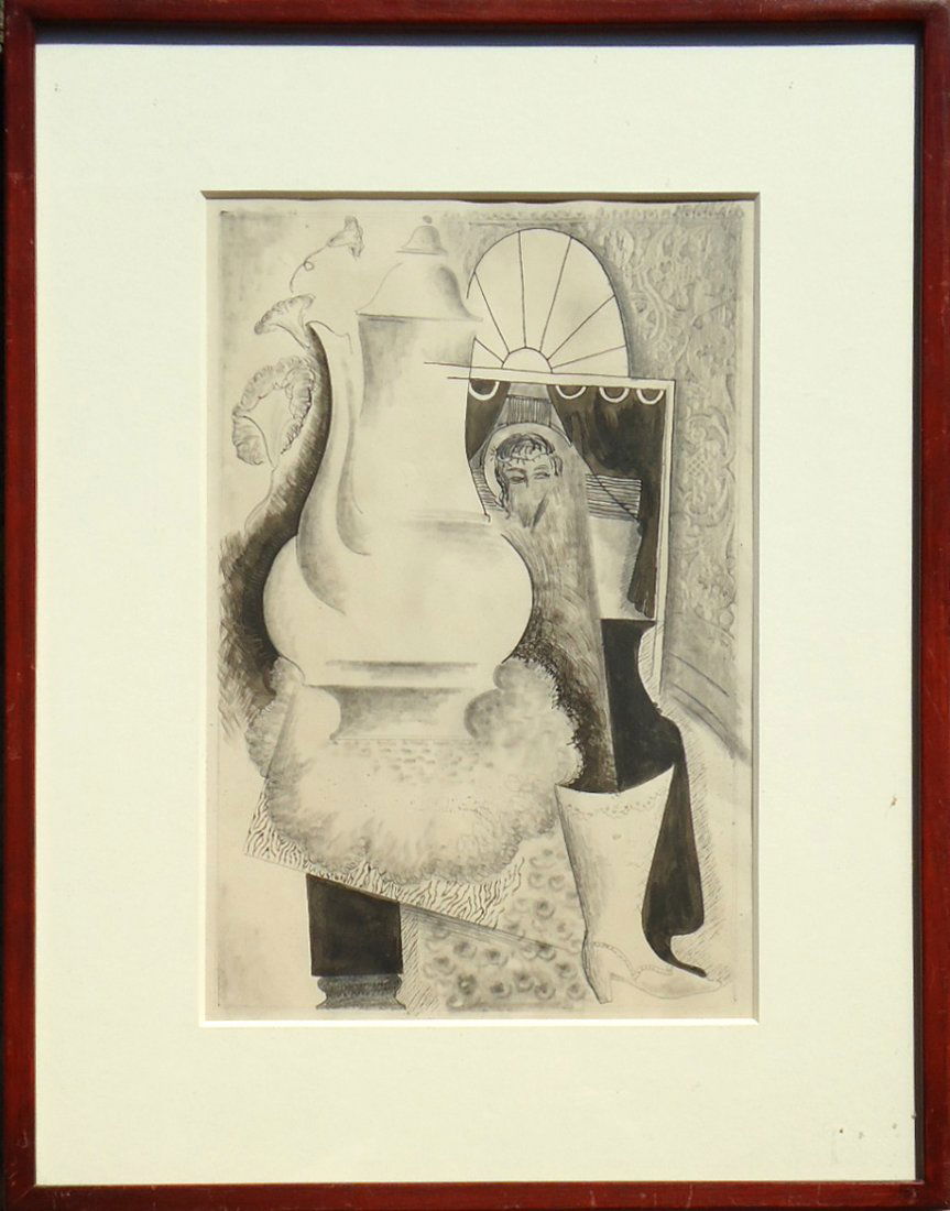 Konrad Cramer (1888 - 1963): Painting Title: Still Life with Boot c. 1932 Medium: pencil & ink Size: 14 x 9 in. Frame Size: 21 x 16 in. Provenance: Estate of Konrad Cramer
