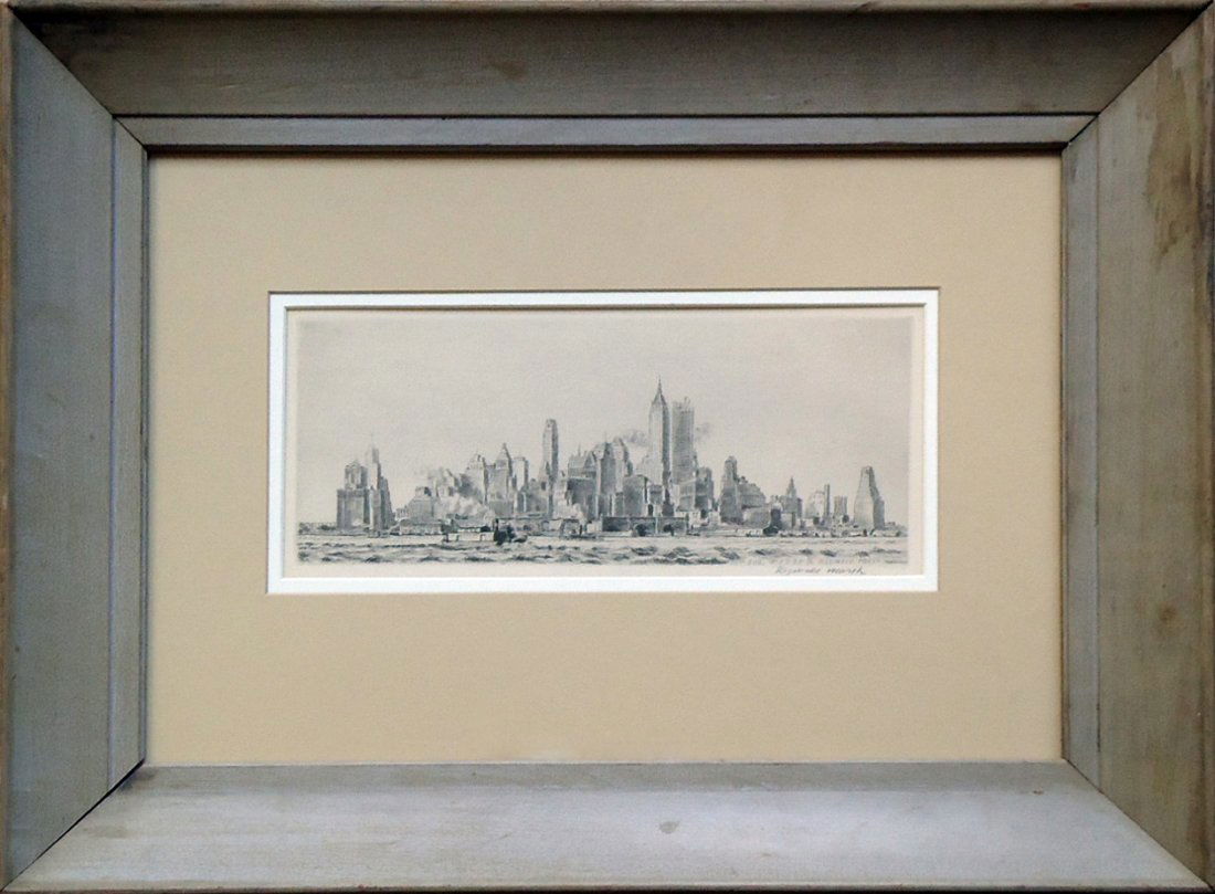 Reginald Marsh (1898 - 1954): Painting Title: NYC Skyline Medium: Etching Size: 5 x 11 1/2 in. Frame Size: 17 x 22 1/2 in. Signed: SLR Provenance: Private Collection