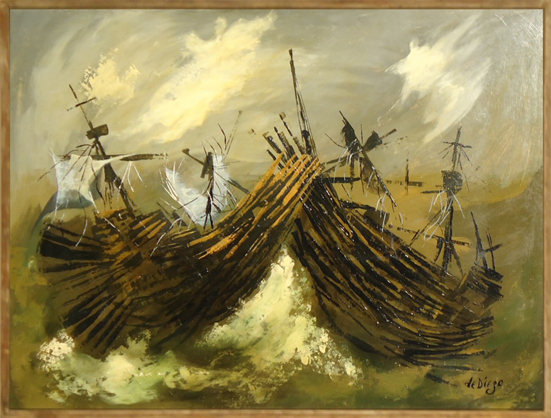 Julio De Diego (1900 - 1979): Painting Title: Spanish Galleons c. 1940 Medium: Oil on board Size: 29 1/2 x 39 1/2 in. Frame Size: 31 x 41 in. Signed: SLR Provenance: Estate of Julio De Diego