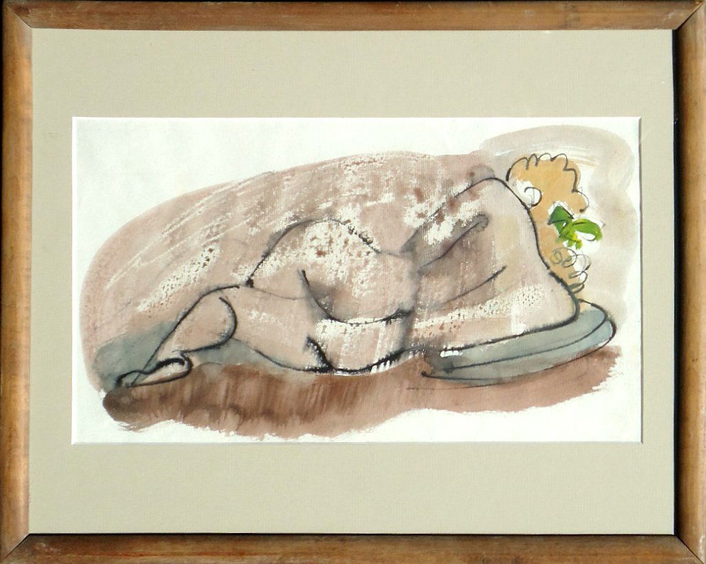 Konrad Cramer (1888 - 1963): Painting Title: Reclining Nude Medium: Mixed Medium Size: 8 1/2 x 15 in. Frame Size: 15 x 18 in. Signed: Signed by his daughter, Eileen Cramer on reverse Provenance: Estate of Konrad Cramer