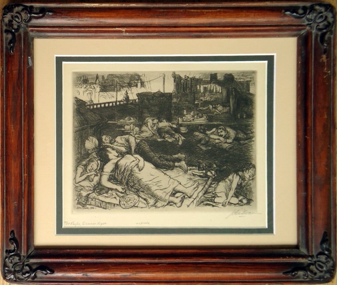 John French Sloan (1871 - 1951): Painting Title: The Roofs, Summer Night 1906 Medium: Etching Size: 7 1/2 x 6 in. Frame Size: 10 x 12 in. Signed: SLR Provenance: Private Collection