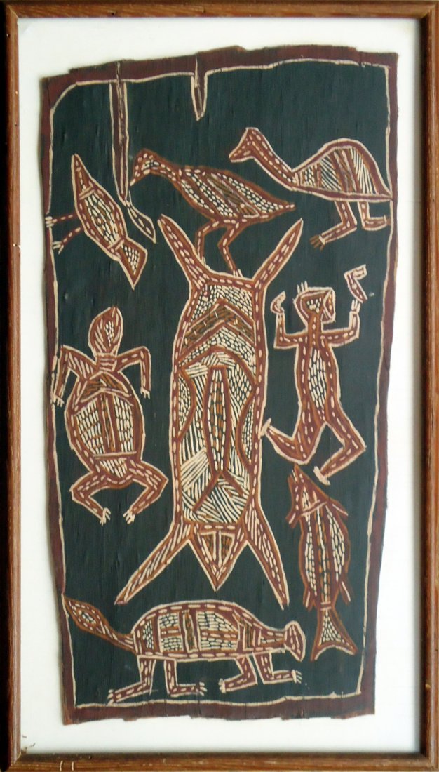 Artist Unknown: Painting Title: Aboriginal Bark Painting Medium: Bark Painting Size: 27 x 15 in. Frame Size: 31 x 18 in. Provenance: Private Collection