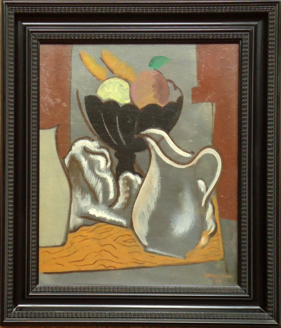 Konrad Cramer (1888 - 1963): Painting Title: Black Glass Bowl and Napkin 1934 Medium: Oil on board Size: 16 x 13 1/2 in. Frame Size: 12 x 18 in. Signed: Signed and dated Lower Right Provenance: Estate of Konrad Cramer