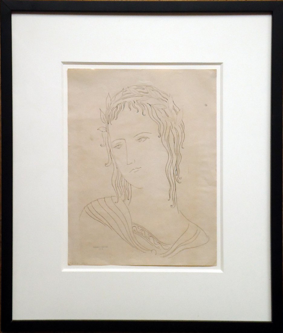 Konrad Cramer (1888 - 1963): Painting Title: Classical Head of a Woman 1920 Medium: Ink drawing Size: 12 x 9 in. Frame Size: 18 1/2 x 16 in. Signed: SLL Provenance: Private Collection