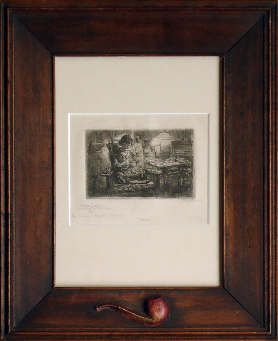 John French Sloan (1871 - 1951): Painting Title: Her Self c. 1920 Medium: Etching Size: 4 3/4 x 3 3/4 in. Frame Size: 11 1/4 x 9 1/4 in. Signed: SLR Provenance: Private Collection