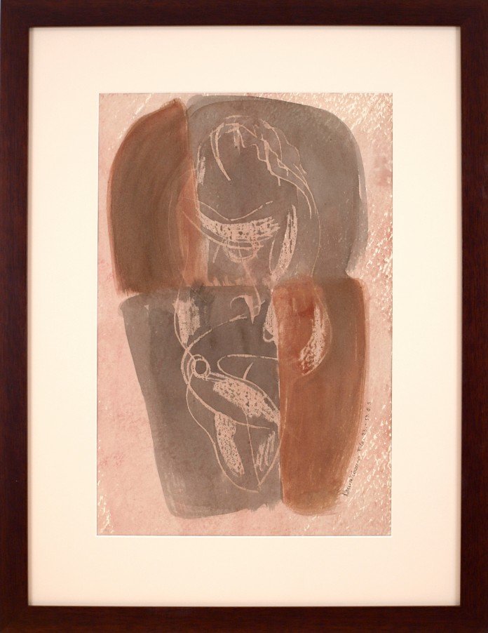 Konrad Cramer (1888 – 1963): Lot 43 Artist: Konrad Cramer (1888 – 1963) Title: Abstracted Figures 1953 Medium: Gouache on paper Image Size: 18×12 in. Frame Size: 26 x 19 3/4 in. Signed: Signed and dated Lower Rig