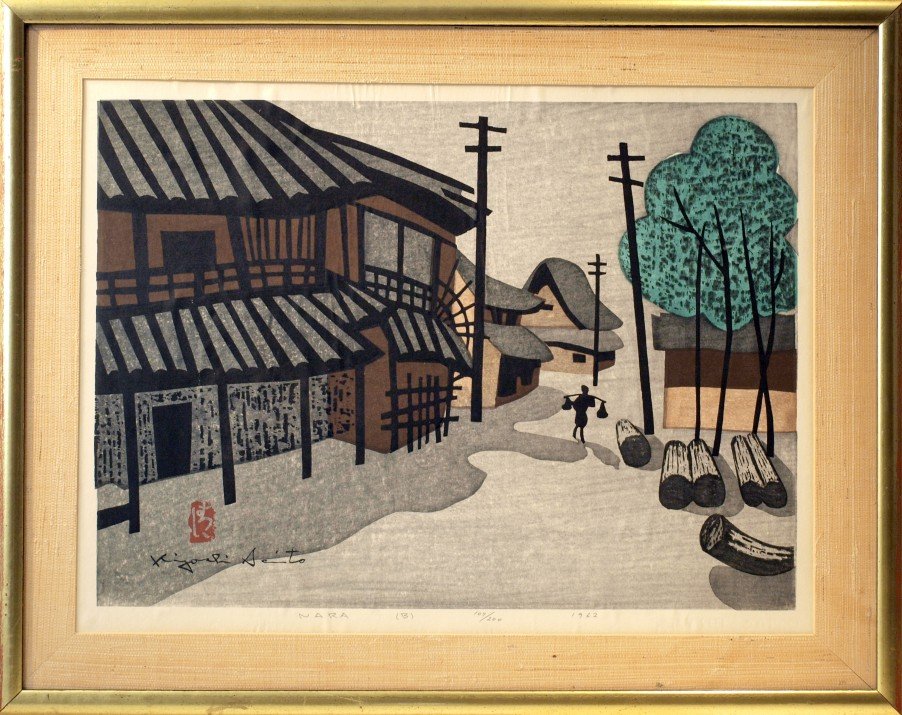 Kiyoshi Saito (1907 - 1997): Lot 51 Artist: Kiyoshi Saito (1907 – 1997) Title: Nara 1962 Medium: Colored Woodcut 107/200 Size: 16 x 22 in. Frame Size: 21×26 in. Signed: Lower Left Estimate: $500-700
