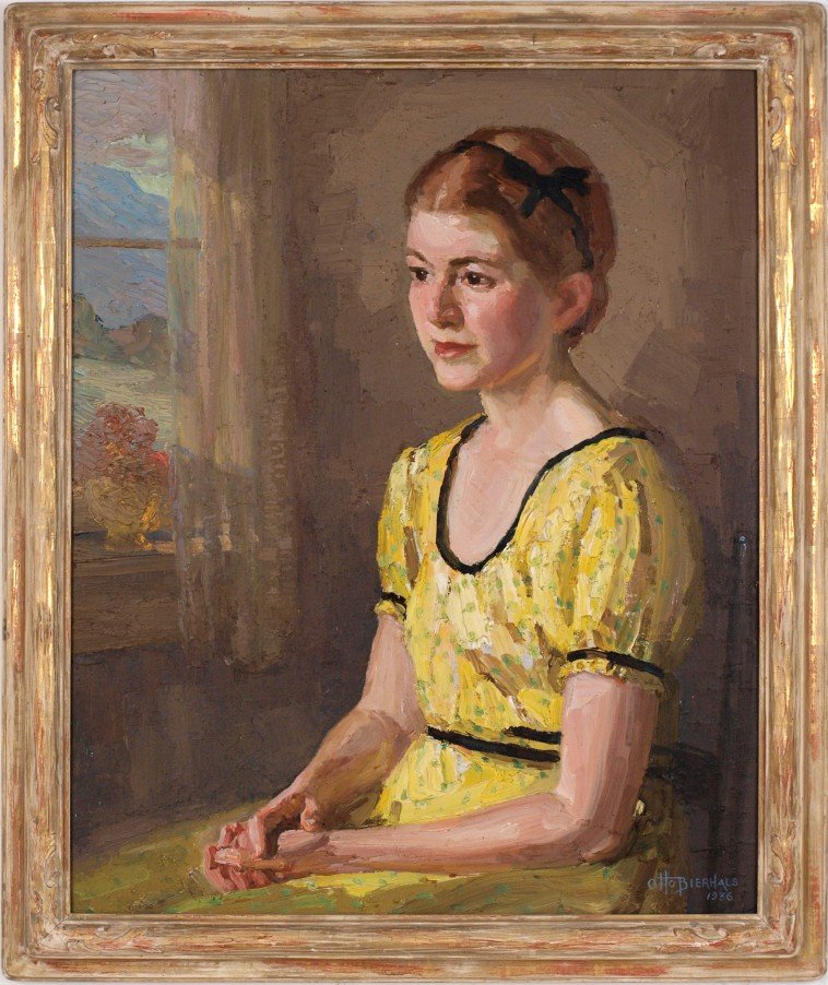 Otto Bierhals (1879 – 1944): Lot 57 Artist: Otto Bierhals (1879 – 1944) Title: Seated Woman c. 1935 Medium: Oil on canvas Size: 31 x 25 in. Frame Size: 34 x 28 1/2 in. Signed: Lower Right Estimate: $2000-300