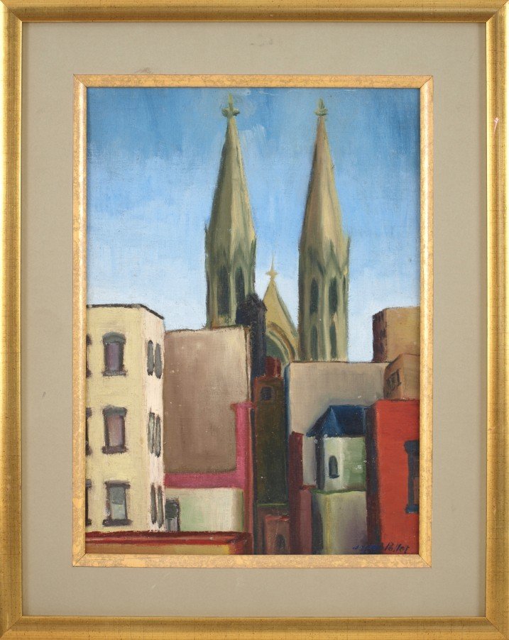 Joseph C. Pollet (1897 - 1979): Lot 98 Artist: Joseph C. Pollet (1897 – 1979) Title: View of Trinity Church 1920 Medium: Oil on board Image Size: 13 3/4 x 9 3/4 in. Frame Size: 19 x 15 in. Signed: Lower Right