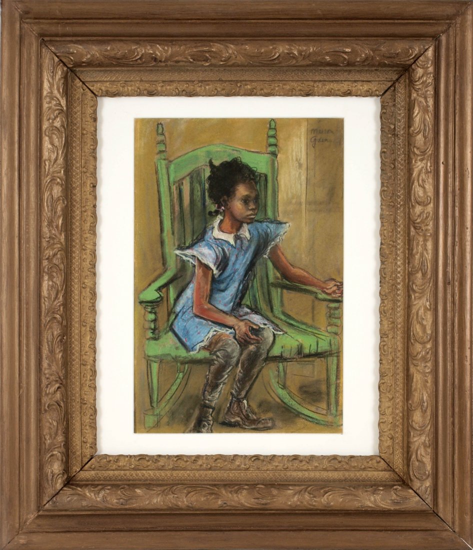 Marion Greenwood (1909 - 1970): Lot 190 Artist: Marion Greenwood (1909 - 1970) Title: Girl in Rocking Chair c. 1935 Medium: Pastel Size: 17 x 11 1/2 in. Frame Size: 30 x 26 in. Signed: Top Right Estimate: $1100-1800