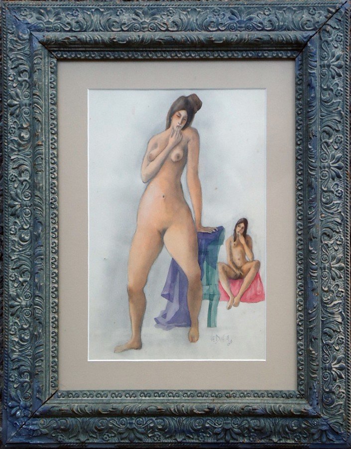 Julio de Diego (1885 - 1966): Lot 197 Artist: Julio de Diego (1885 - 1966) Title: Female Nudes c. 1940 Medium: Graphite & Watercolor on paper Image Size: 14 x 9 1/2 in. Frame Size: 23 x 19 in. Estimate: $600-800 Provenance: Estate