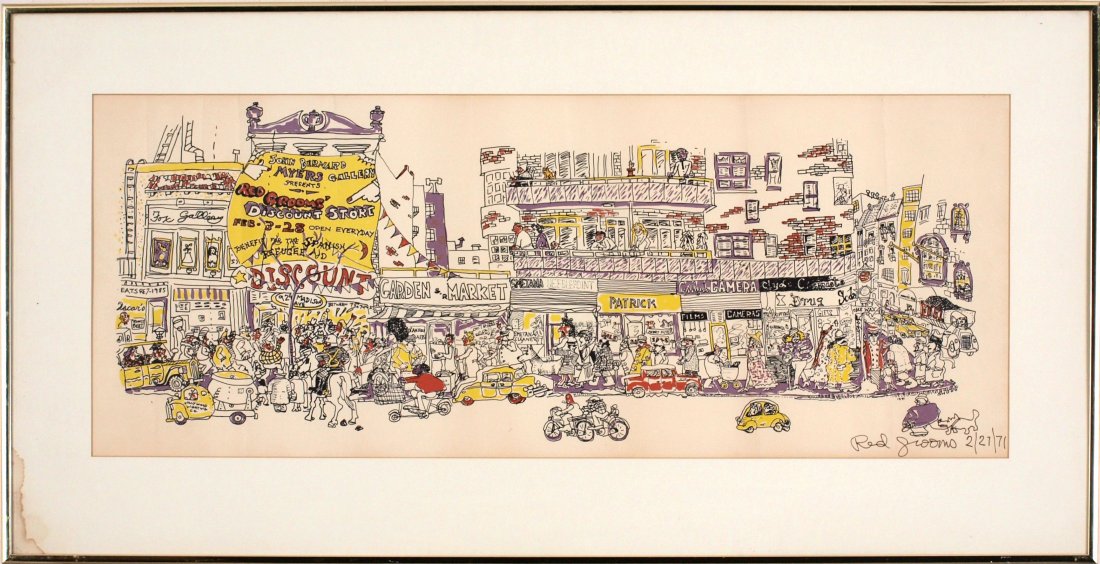 Red Grooms (1937 - ): Lot 199 Artist: Red Grooms (1937 - ) Title: New York Street Scene 1971 Medium: Signed Print Image Size: 11 x 28 in. Frame Size: 17 1/4 x 33 3/4 in. Estimate: $400-600