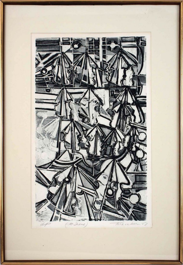 Nahum Tschacbasov (1899 - 1984): Lot 203 Artist: Nahum Tschacbasov (1899 - 1984) Title: Abstraction: c. 1950 Medium: Etching Image Size: 21 x 12 1/2 in. Frame Size: 28 x 19 in. Provenance: Estate of Nahum Tschacbasov