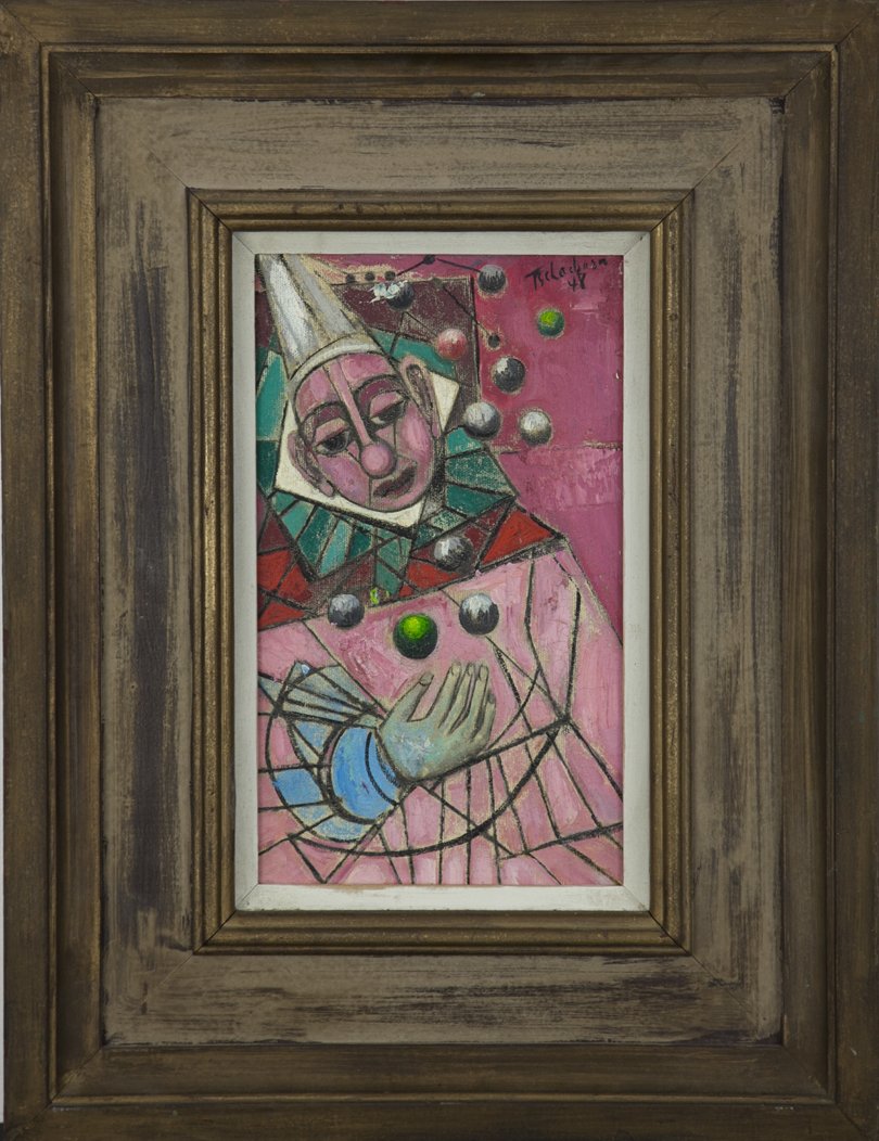 Nahum Tschacbasov (1899–1984): Lot 5 Artist: Nahum Tschacbasov (1899–1984) Title: Clown, 1948 Medium: oil on canvasboard Image Size: 12 x 7.25 Frame Size: 20.5 x 15.5 Signed: signed and dated upper right Estimate: <