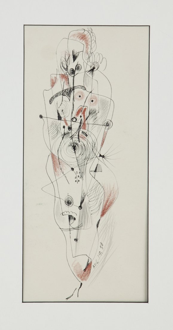 Konrad Cramer (1888-1963): Lot 29 Artist: Konrad Cramer (1888-1963) Title: Abstract Figure, 1950 Medium: mixed media Image Size: 11 x 5 Frame Size: 18.25 x 12.5 Signed: unsigned Estimate: $400 - 600