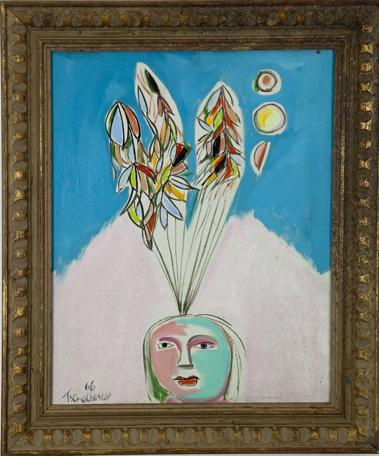 Nahum Tschacbasov (1899–1984): Lot 33 Artist: Nahum Tschacbasov (1899–1984) Title: Woman with Headdress, 1966 Medium: oil on canvas Image Size: 20 x 16 Frame Size: 25 x 21 Signed: signed lower left Estimate: $80