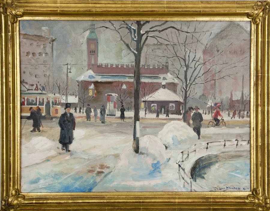 Louis Kronberg (1872-1965): Lot 41 Artist: Louis Kronberg (1872-1965) Title: Winter Scene c.1940 Medium: oil on canvas Image Size: 16.5 x 21.5 Frame Size: 20 x 25 Signed: signed lower right Estimate: $4,000 -