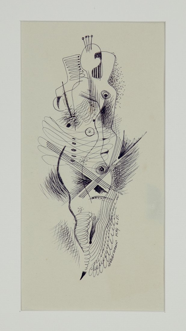 Konrad Cramer (1888-1963): Lot 56 Artist: Konrad Cramer (1888-1963) Title: Abstract Figure, 1951 Medium: mixed media Image Size: 10 x 5 Frame Size: 17.25 x 12.25Signed: signed lower right Estimate: $400 - 6