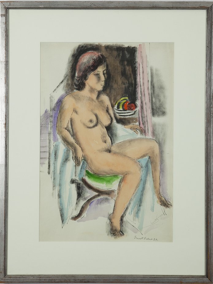 Ernest Fiene (1894-1965): Lot 60 Artist: Ernest Fiene (1894-1965) Title: Seated Nude, 1929 Medium: ink and watercolor wash on paper Image Size: 18 x 12 Frame Size: 25.5 x 19.25Signed: signed lower right "Ernest Fien