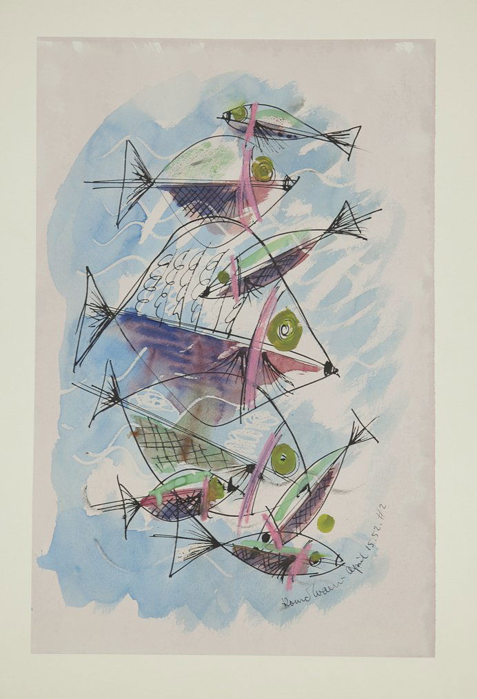 Konrad Cramer (1888-1963): Lot 86 Artist: Konrad Cramer (1888-1963) Title: Fish, 1952 Medium: mixed media Image Size: 19 x 12 Frame Size: 31.5 x 21Signed: signed lower right Estimate: $600 - 800 Estate