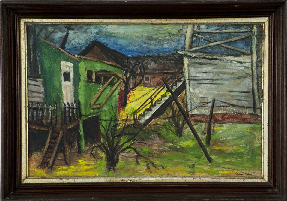 Agnes Hart (1912-1979): Lot 100 Artist: Agnes Hart (1912-1979) Title: Maverick Houses c.1940 Medium: mixed media on paper Image Size: 12 x 19 Frame Size: 15.5 x 22 Signed: signed lower right Provenance:
