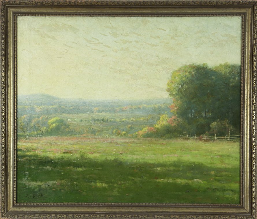 Reuben Le Grande Johnston (1850-1918): Lot 104 Artist: Reuben Le Grande Johnston (1850-1918) Title: Early Autumn Landscape c.1920 Medium: oil on canvas Image Size: 24 x 30 Frame Size: 29 x 33.5 Signed: signed lower left Pr