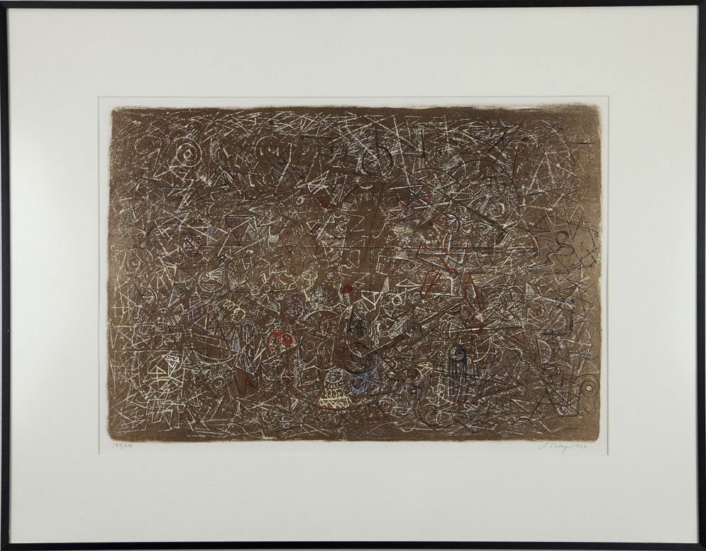 Mark Tobey (1890-1976): Lot 114 Artist: Mark Tobey (1890-1976) Title: Abstraction, 1966 Medium: serigraph Image Size: 18 x 26 Frame Size: 29.5 x 37.5 Signed: signed and dated lower right Provenance: Priv