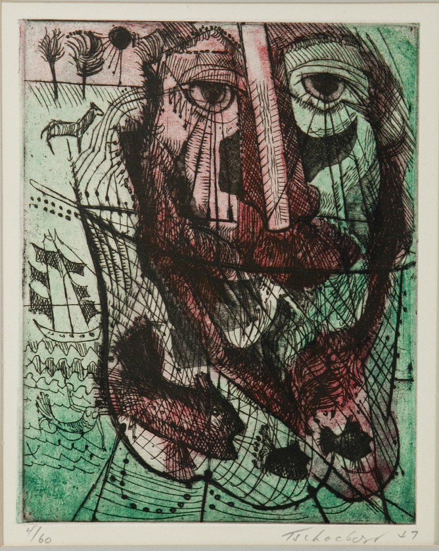 Nahum Tschacbasov (1899–1984): Lot 127 Artist: Nahum Tschacbasov (1899–1984) Title: Untitled, 4/60, 1947 Medium: color etching Image Size: 9.75 x 7.75 Frame Size: 17.25 x 14.25 Signed: signed lower right Estimate: <