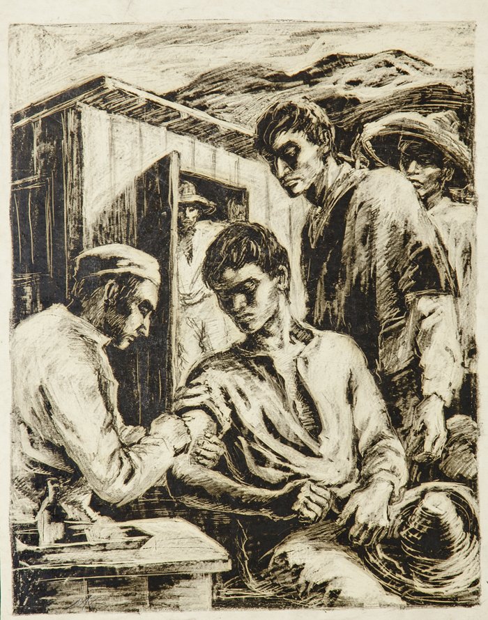 Marion Greenwood (1909-1970): Lot 139 Artist: Marion Greenwood (1909-1970) Title: Untitled c. 1940 Medium: conte crayon on paper Image Size: 12 x 10 Frame Size: 21 x 17.25 Signed: signed lower left Estimate: $4