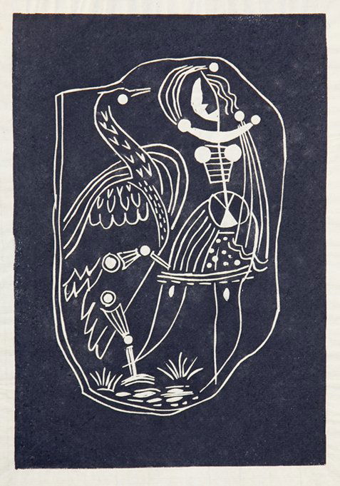 Konrad Cramer (1888-1963): Lot 144 Artist: Konrad Cramer (1888-1963) Title: Figure with Bird c. 1950 Medium: linoleum cut Image Size: 9.875 x 6.1875 Frame Size: 18 x 15 Signed: estate stamped on verso Provenance