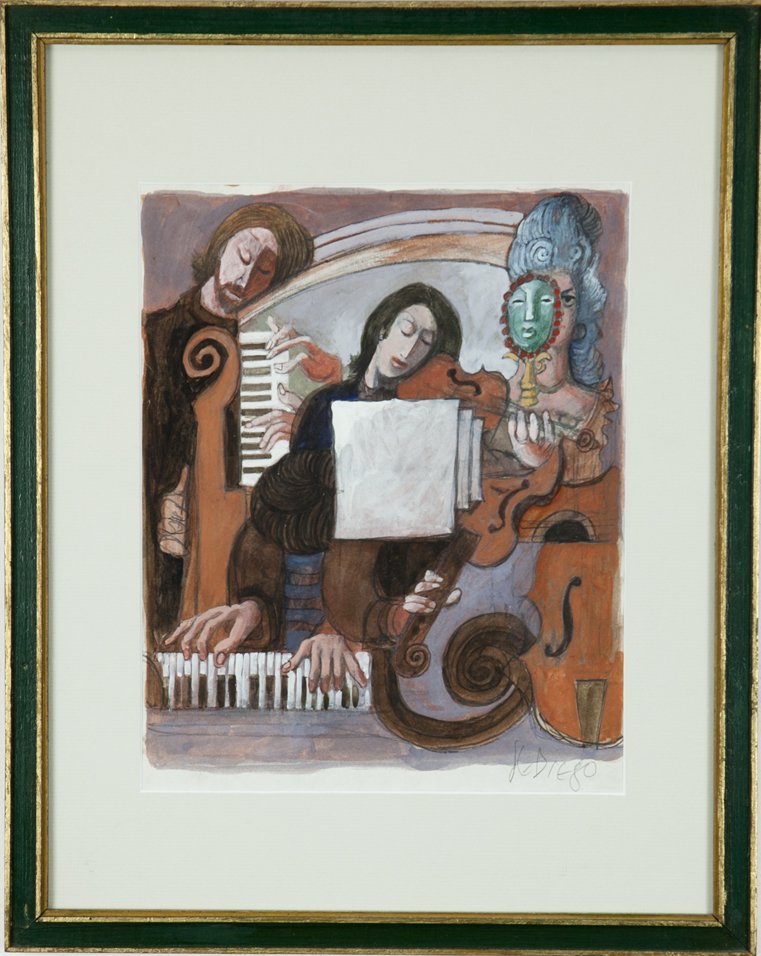 Julio De Diego (1900-1979): Lot 157 Artist: Julio De Diego (1900-1979) Title: Musicians c. 1950 Medium: mixed media on paper Image Size: 11.75 x 9.75 Frame Size: 19.25 x 15.25 Signed: signed lower right Provenanc