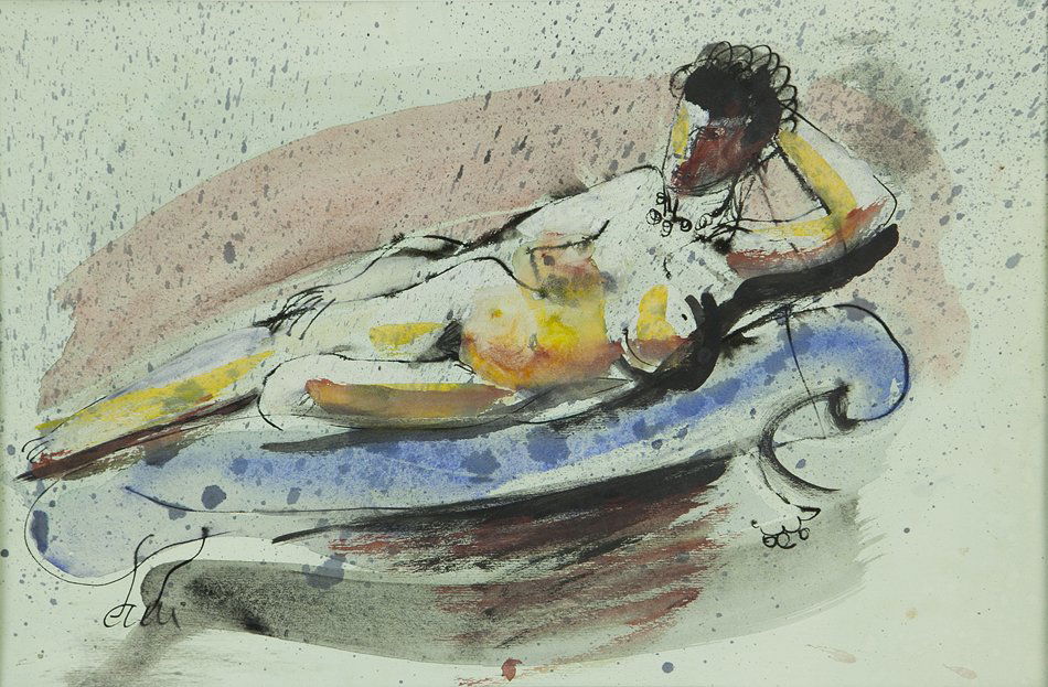 Konrad Cramer (1888-1963): Lot 161 Artist: Konrad Cramer (1888-1963) Title: Reclining Nude c. 1950 Medium: ink and watercolor on paper Image Size: 11.5 x 17.5 Frame Size: 17 x 23.25 Signed: unsigned Provenance: