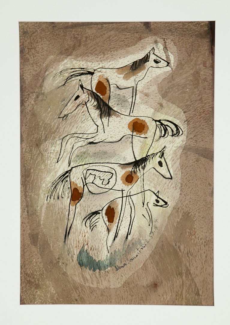 Konrad Cramer (1888-1963): Lot 204 Artist: Konrad Cramer (1888-1963) Title: Horses, 1953 Medium: mixed media on paper Image Size: 16 x 11 Frame Size: 22 x 17 Signed: signed lower right Estimate: $500 - 700