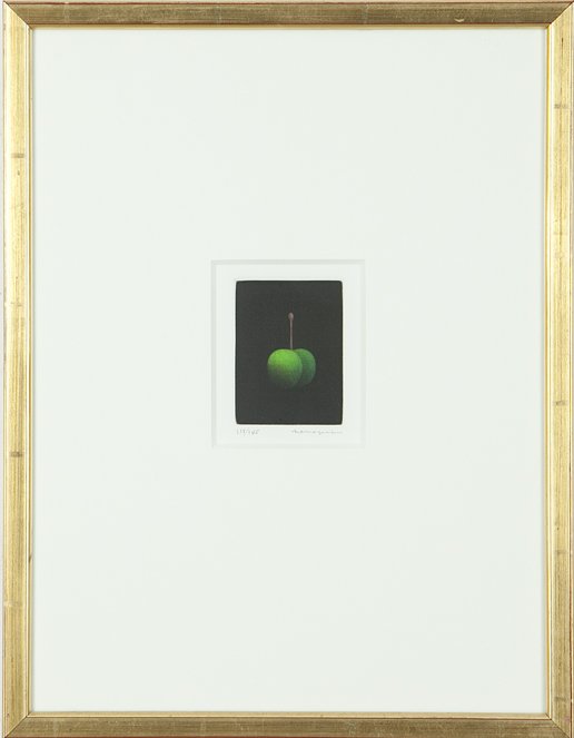 Yozo Hamaguchi (Japanese, 1909-2000): Lot 211 Artist: Yozo Hamaguchi (Japanese, 1909-2000) Title: Green Cherry, 115/145 c. 1980's Medium: mezzotint Image Size: 3 x 2.25 Frame Size: 15 x 11.75 Signed: signed lower right Pro