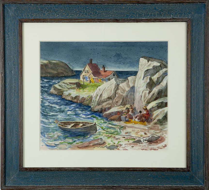 Earle B. Winslow: Lot 226 Artist: Earle B. Winslow (1884 - 1969) Title: Picnic on Monhegan Island c. 1925 Medium: watercolor on paper Image Size: 13 x 16 Frame Size: 23 x 25 Signed: signed lower left Es