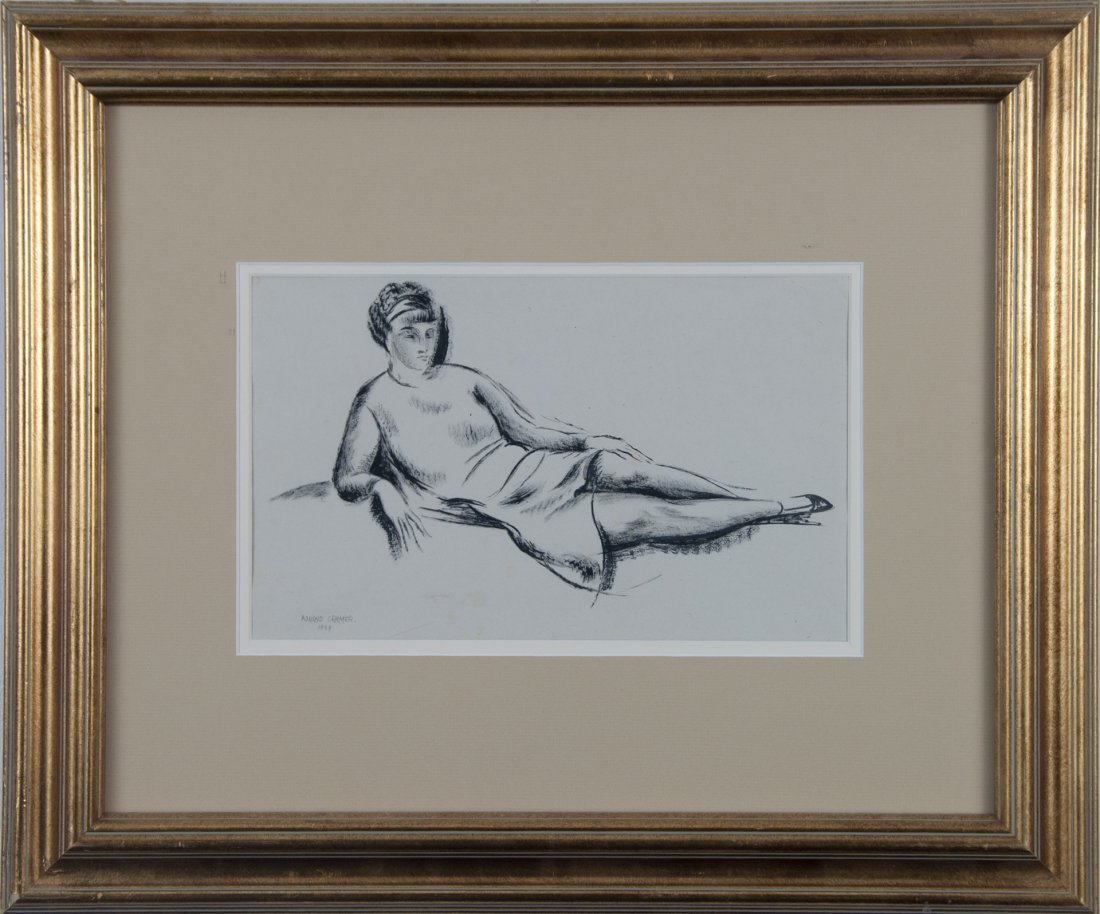 Konrad Cramer (1888-1963): Artist: Konrad Cramer (1888-1963) Title: Reclining Woman 1929 Medium: conte crayon on paper Image Size: 8x13 Frame Size: 19x24 Signed: signed and dated lower left Estimate: $400 - $60