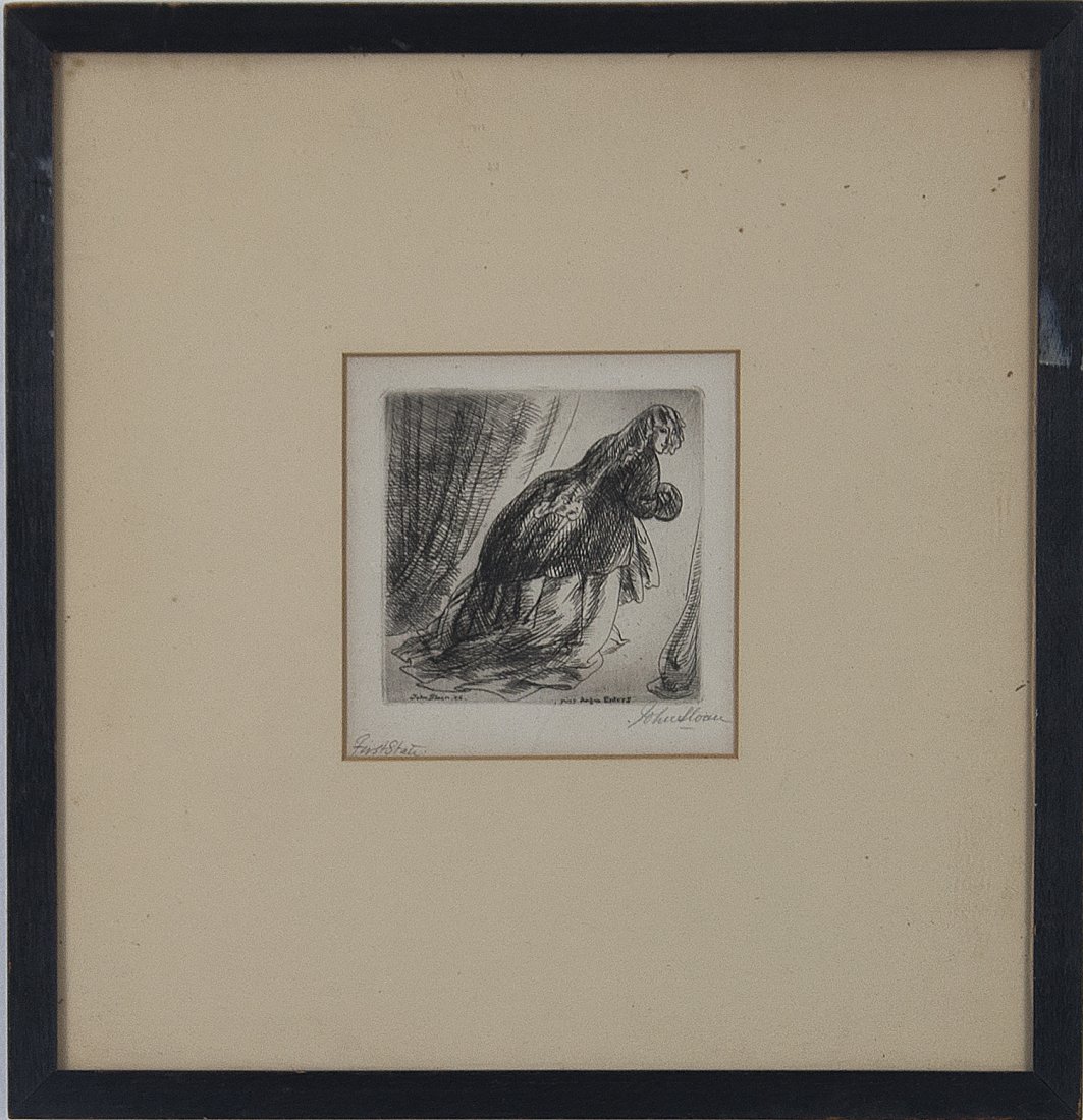 John Sloan (1871-1951): Artist: John Sloan (1871-1951) Title: Miss Angna Enters 1925 Medium: etching Image Size: 3.13x3.13 Frame Size: 11x10.5 Signed: signed lower right Estimate: $300 - $500